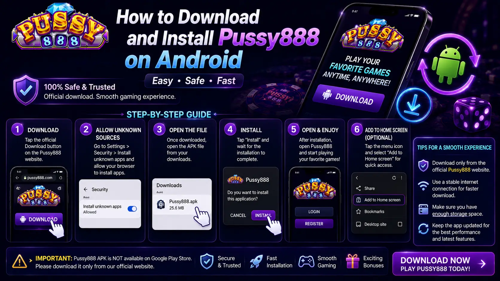 Pussy888 Android APK download and installation steps displayed beside a smartphone and Android icon