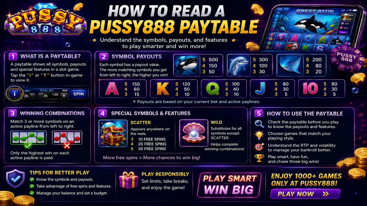 Pussy888 paytable guide showing RTP, paylines, Wild, Scatter and bet controls
