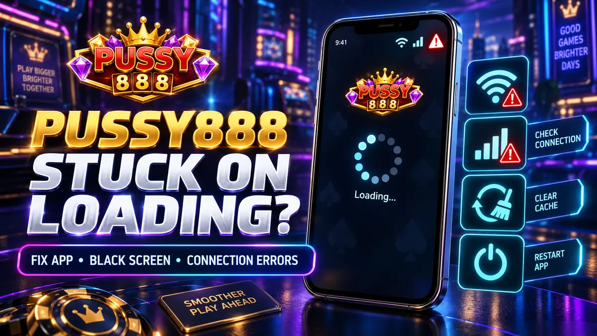 Pussy888 app stuck on a loading screen with network, cache and restart troubleshooting icons